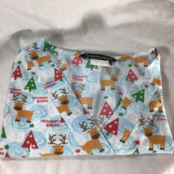 Samantha Mara Large Reindeer Games Chirtsmas 3 Pocket Cotton Blend L Scrub Top - Picture 4 of 5